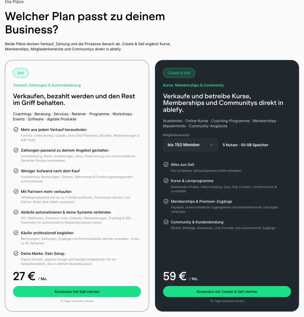 ablefy Preise: die Pakete Sell und Create & Sell