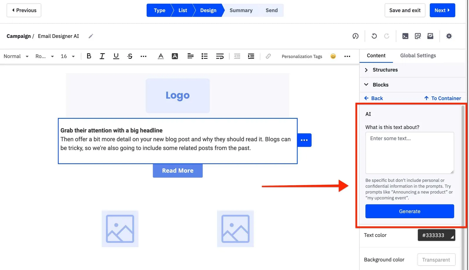 KI Funktion Textblock_EMail Editor_ActiveCampaign KI Funktion Textblock_EMail Editor_ActiveCampaign