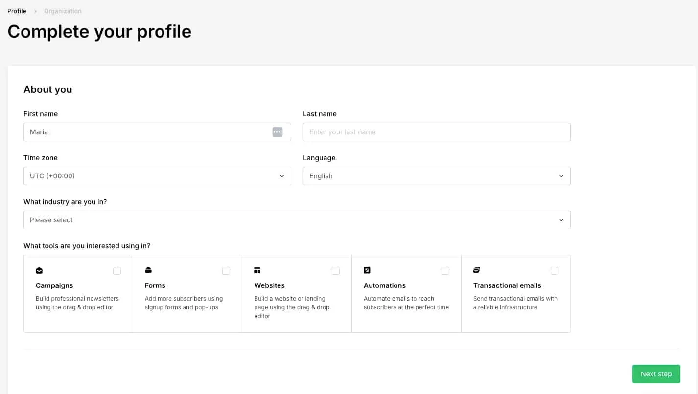 MailerLite Profileinrichtung abschließen MailerLite Profileinrichtung abschließen