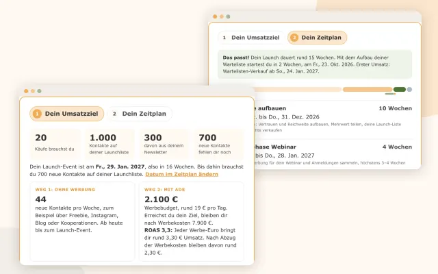 Launch-Rechner mit den Reitern Umsatzziel und Zeitplan