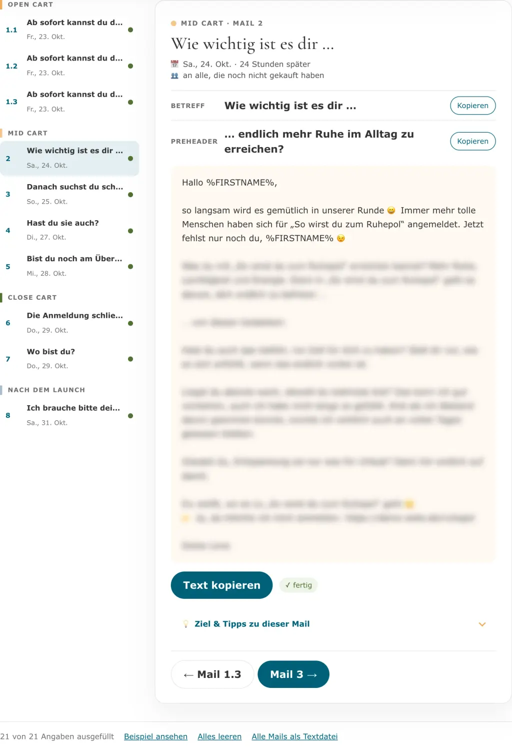 Fertig ausgefüllte Launch-Mail mit Tipps (Ausschnitt)