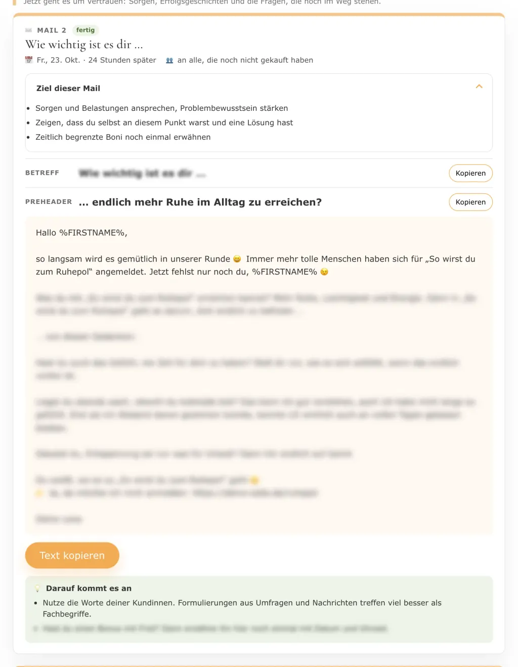 Fertig ausgefüllte Launch-Mail mit Tipps (Ausschnitt)