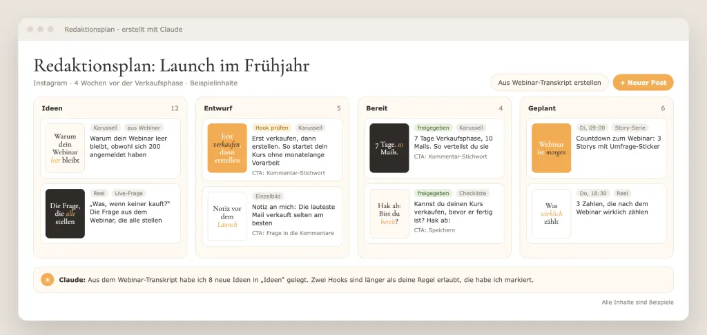 Beispiel für einen Redaktionsplan, erstellt mit Claude: Spalten Ideen, Entwurf, Bereit und Geplant mit Post-Karten, Hooks und Covern