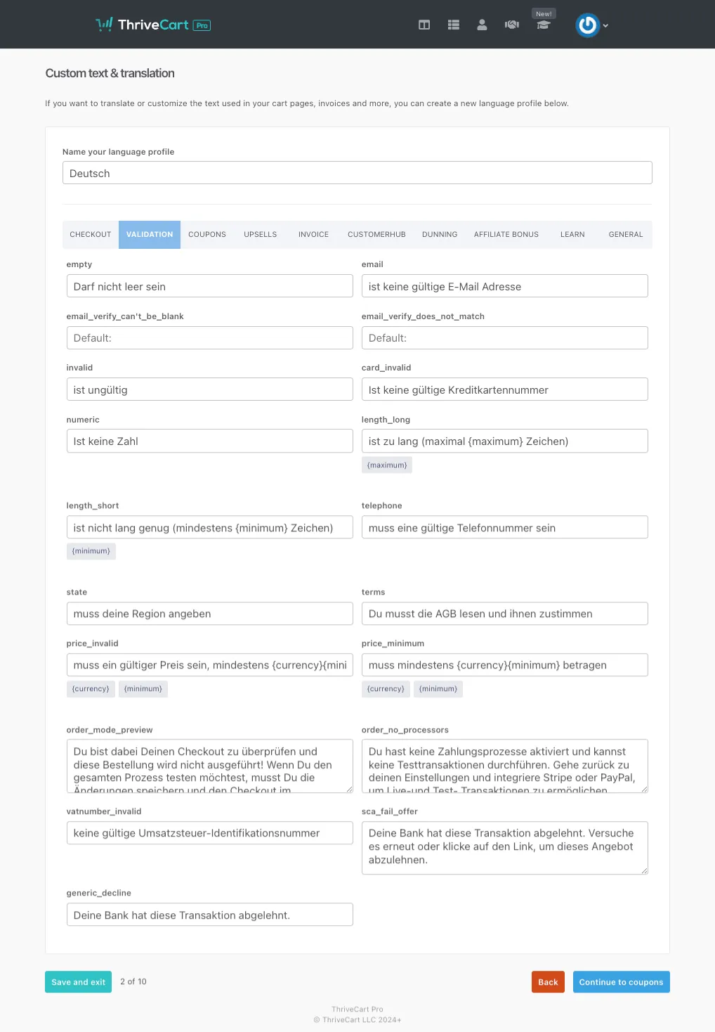 Texte übersetzen ThriveCart